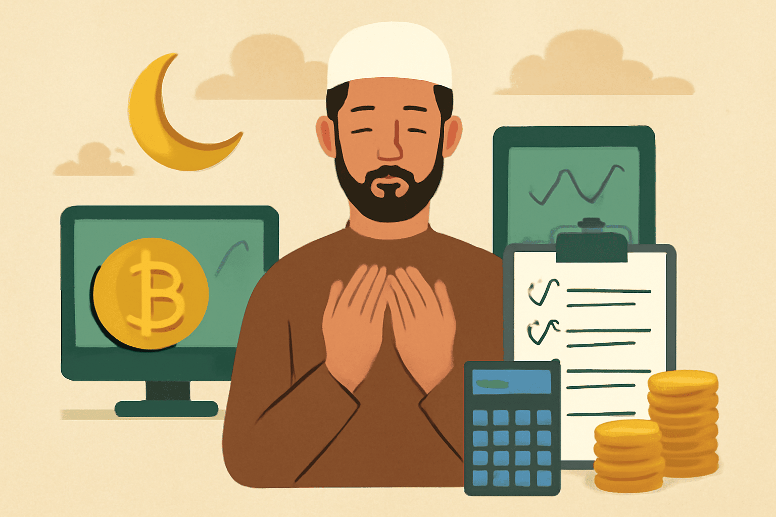 A Muslim man in prayer surrounded by symbols of finance and Zakat calculation, including a Bitcoin logo, calculator, and stack of coins, with a crescent moon and clouds in the background, suggesting crypto Zakat.