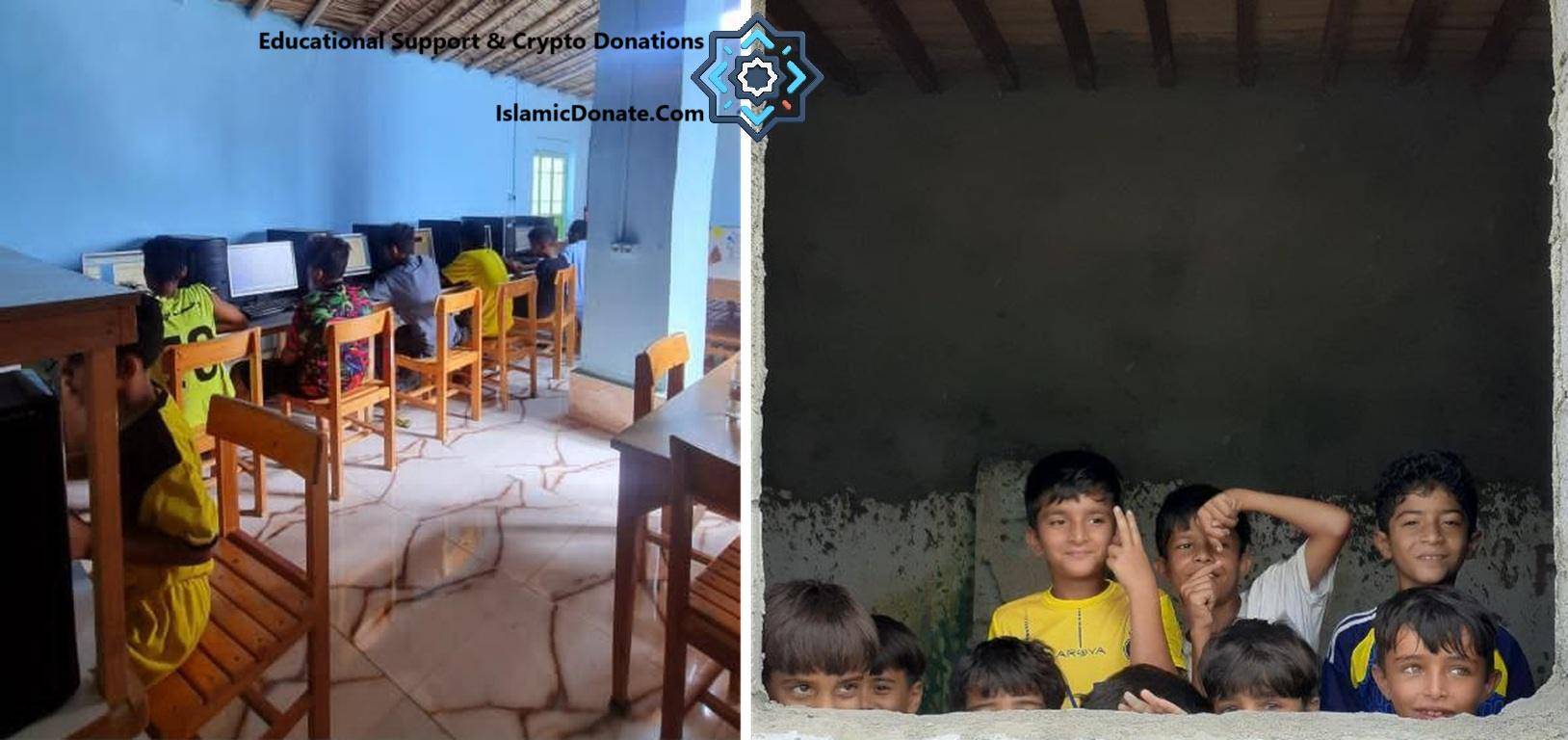 Children learning in a computer lab, with crypto donations enabling digital access and educational support for underprivileged youth. Donation enables children using BTC.