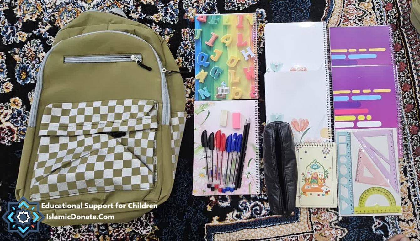 Educational support for children includes a backpack, notebooks, pens, pencils, erasers, and rulers, funded by crypto donations like BTC for educational empowerment.