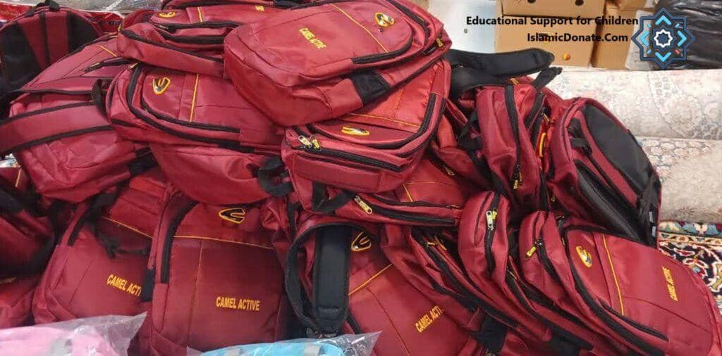 A pile of red backpacks for educational support, with crypto donations funding children's literacy and digital futures via BTC. Empowering youth through back-to-school programs.