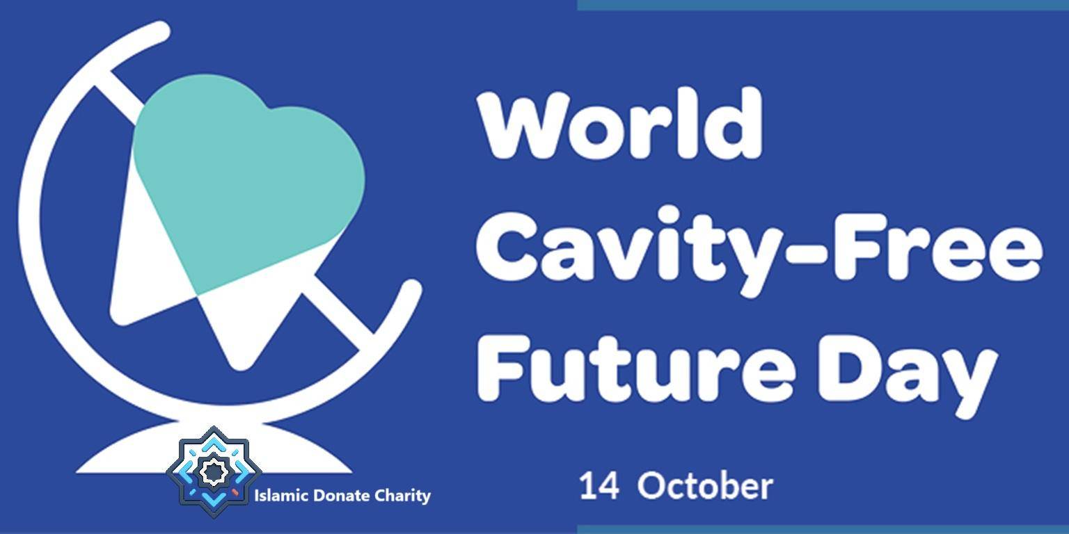 World Cavity-Free Future Day illustration of a globe with a tooth emblem featuring a heart, promoting oral health awareness and powered by ETH crypto donations.