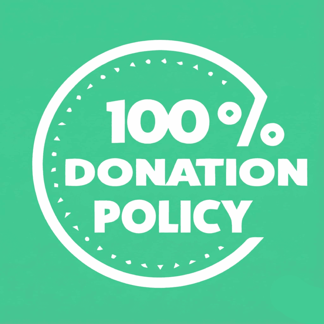 100% Donation Policy banner. Supports crypto donations like ETH.