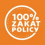 100% Zakat Policy Islamic Charity. A white circular emblem with text indicating "100% Zakat Policy" against an orange background. Used for Islamic charities accepting crypto zakat.