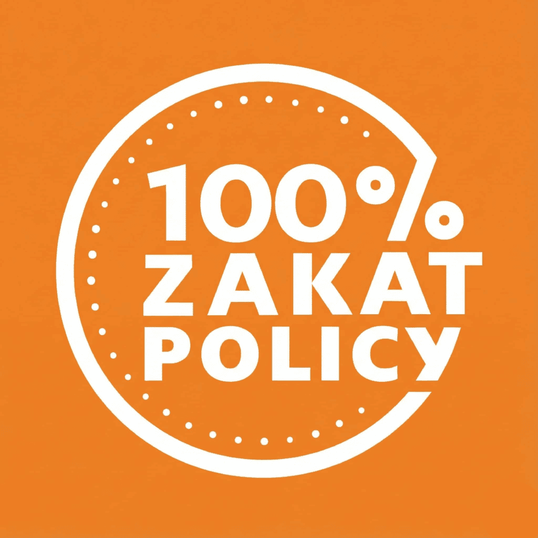 100% Zakat Policy. A white circular emblem with text indicating 100% Zakat Policy against an orange background. Used for Islamic charities accepting crypto donations like ETH.
