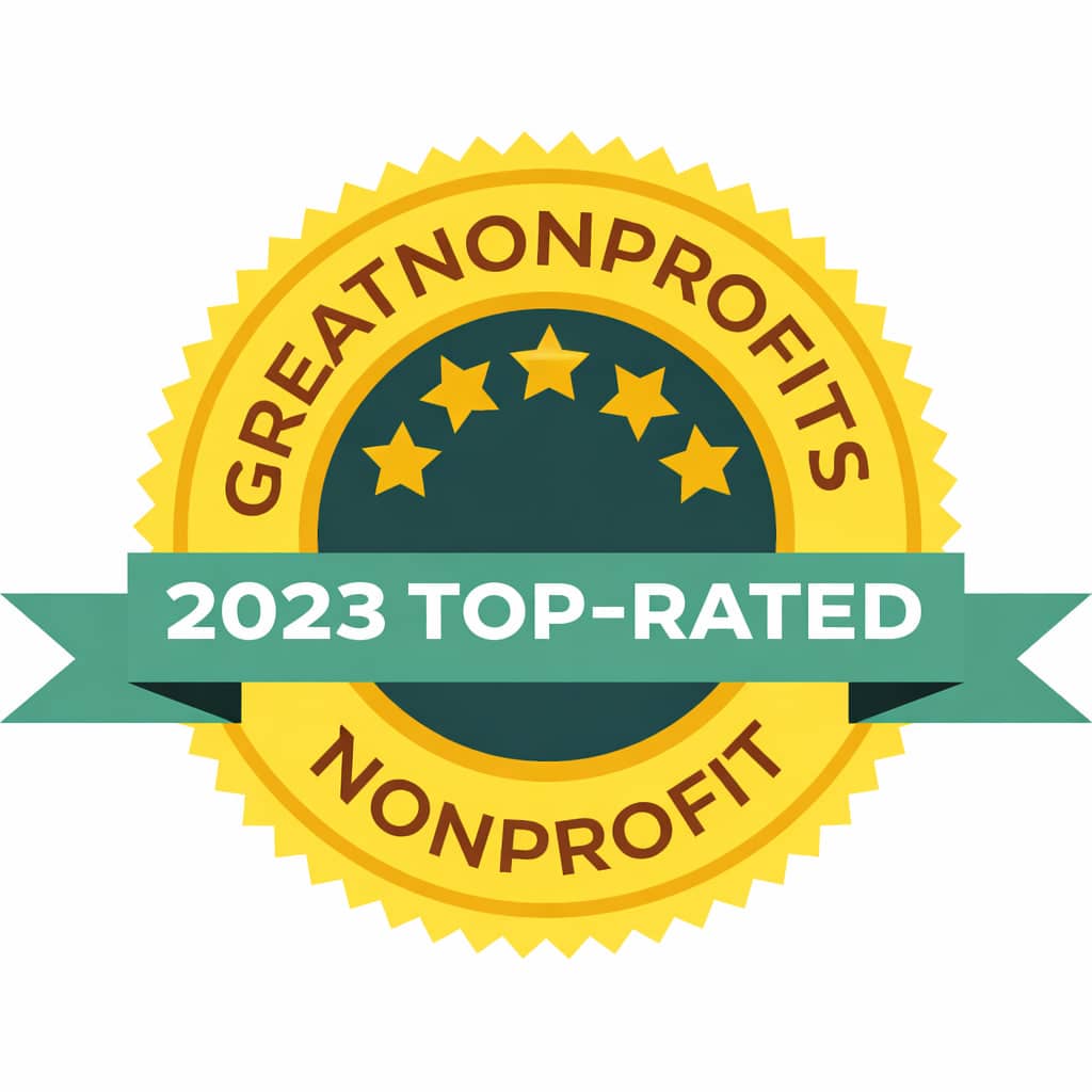 GreatNonprofits 2023 Top-Rated Nonprofit badge with five stars. This award signifies a highly-rated charitable organization recognized for its contributions.