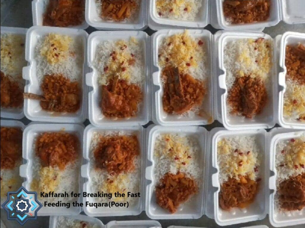 Kaffarah for Breaking the Fast, Feeding the Fuqara (Poor) meals in styrofoam containers, supported by crypto donations like BTC.