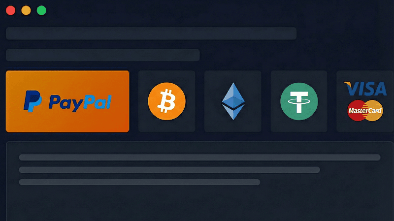 Payment options including PayPal, Bitcoin, Ethereum, Tether, Visa, and Mastercard. Consider donating with stablecoins like USDT for secure, anonymous charitable giving.