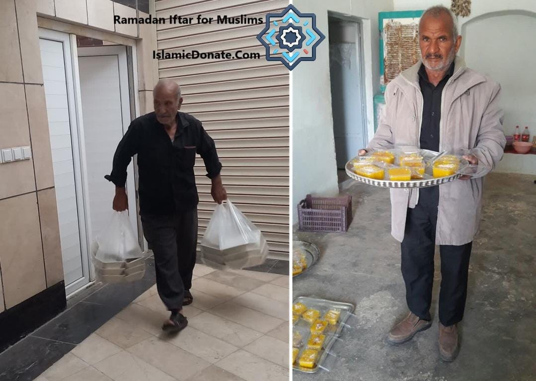Man carrying bags of food, another man holding a tray of food items, symbolizing Kaffarah payment and Ramadan Iftar for Muslims, facilitated by cryptocurrency donations via Dogecoin.