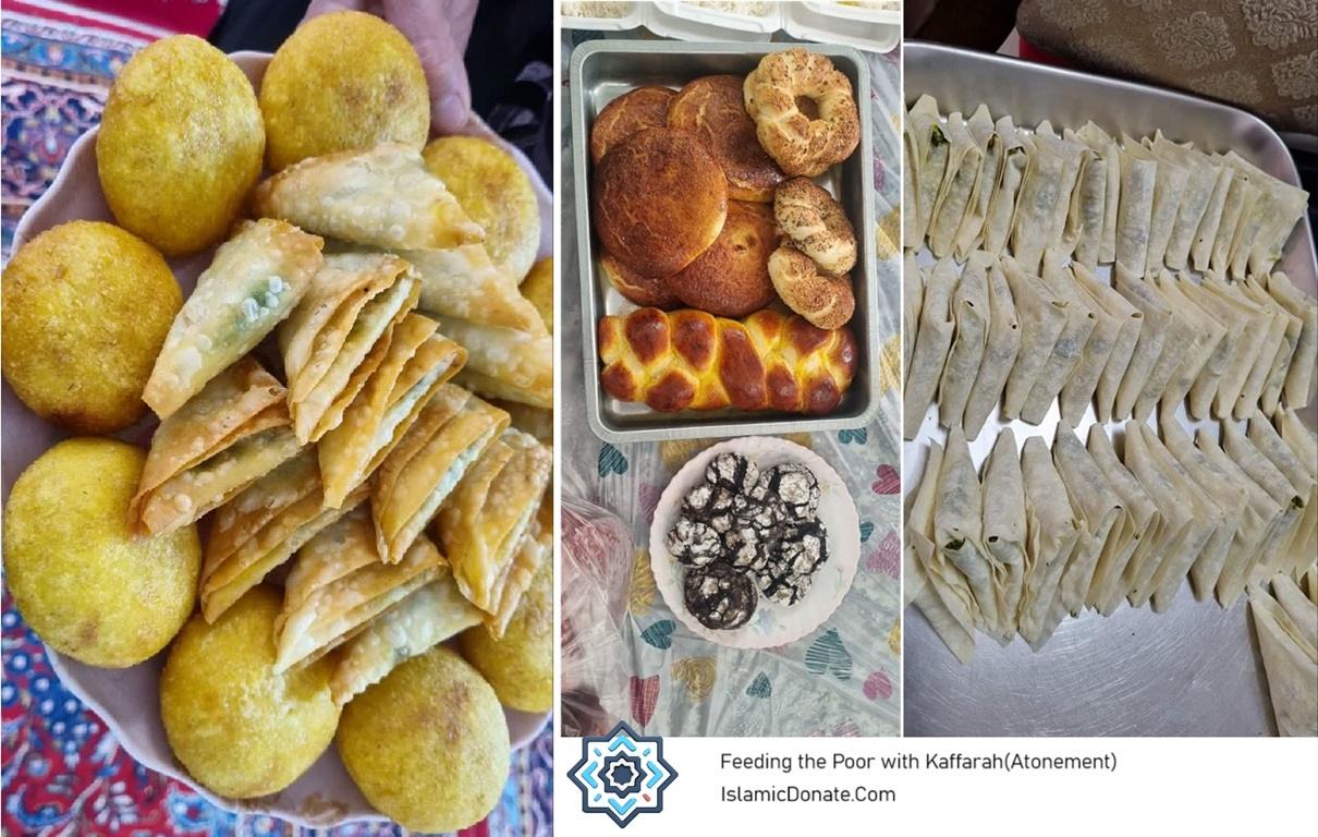 A compilation of delicious food items prepared for charity, including golden deep-fried pastries, assorted baked breads, and savory parcels, supporting Kaffarah payments for the needy with Stablecoin support.