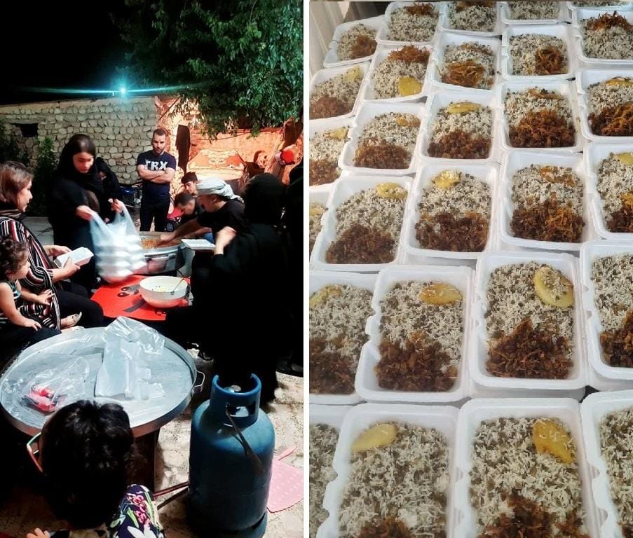 People gathered around a table for a meal, with rows of prepared food containers in the background. Paying kaffarah with cryptocurrency offers spiritual purification and sustenance for the needy, facilitated by Islamic Donate Charity. Donation via AVAX.