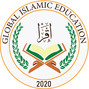 Logo for Global Islamic Education, featuring an open book on a stand with Arabic script above, surrounded by laurel branches. The text around the circle reads "GLOBAL ISLAMIC EDUCATION" and "2020."