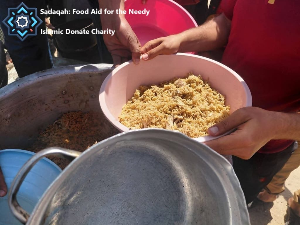 Sadaqah for Month of Safar providing food aid via TRX. Hands hold pink bowls of rice for voluntary charity and protection.