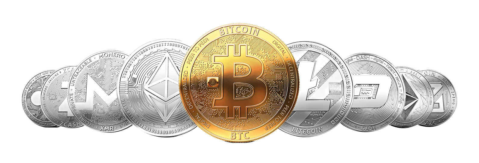 A collection of various cryptocurrency coins including Bitcoin, Ethereum, Litecoin, Monero, Ripple, Zcash, and Dash, presented in a row. Bitcoin is gold and in the center. Donate Anonymously Using Crypto.