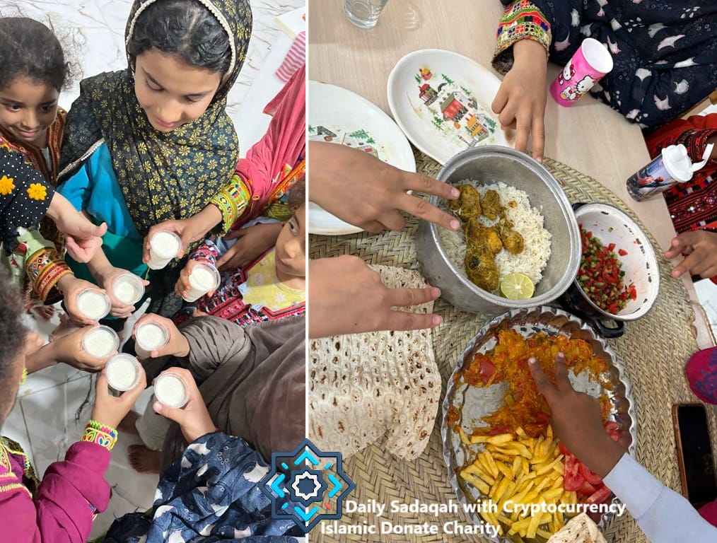 Children receive cups of milk. A meal of rice, chicken, salad, and fries is shared. Daily Sadaqah with Cryptocurrency impacts lives.