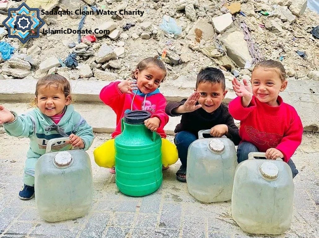 Children hold water containers smiling and waving, indicating receipt of clean water charity. The page discusses daily Sadaqah via cryptocurrency like LTC for global relief efforts.