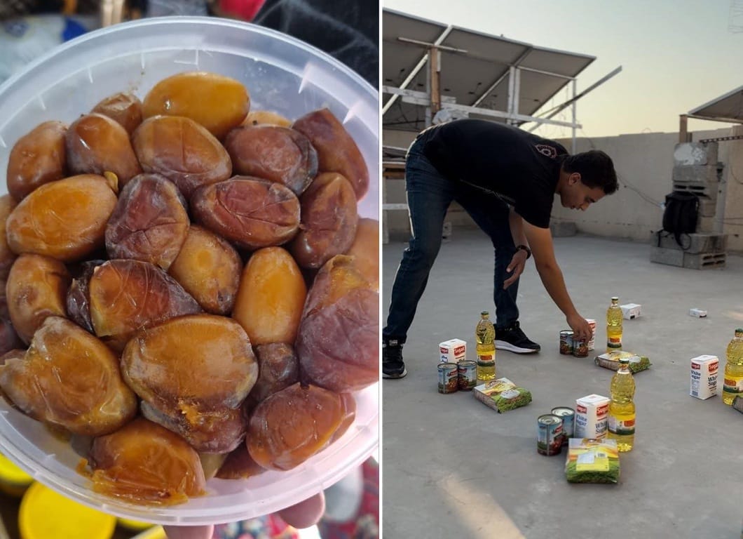 Help Rafah through food aid funded by SOL. A volunteer organizes oil, sugar, and canned goods for Gaza relief distributions.