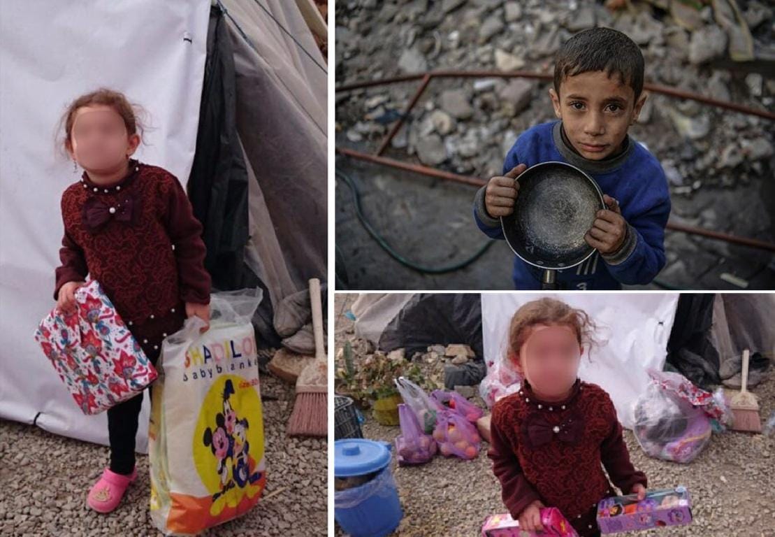 Collage of children in Gaza holding donated items, one boy with an empty pan, implying need for food aid. Images convey humanitarian crisis and the impact of crypto donations for urgent relief in Rafah, Gaza, Palestine. Donating with ETH.