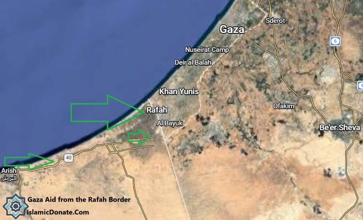 Gaza Aid from the Rafah Border map shows relief routes from Arish for USDT crypto donors aiding humanitarian crisis zones.