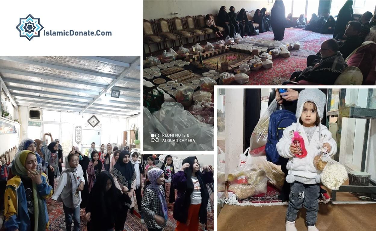 Group of young women and girls in a room, some wearing hijabs, with food packages and supplies distributed for humanitarian aid in Rafah and Gaza, supported by cryptocurrency donations like Bitcoin.