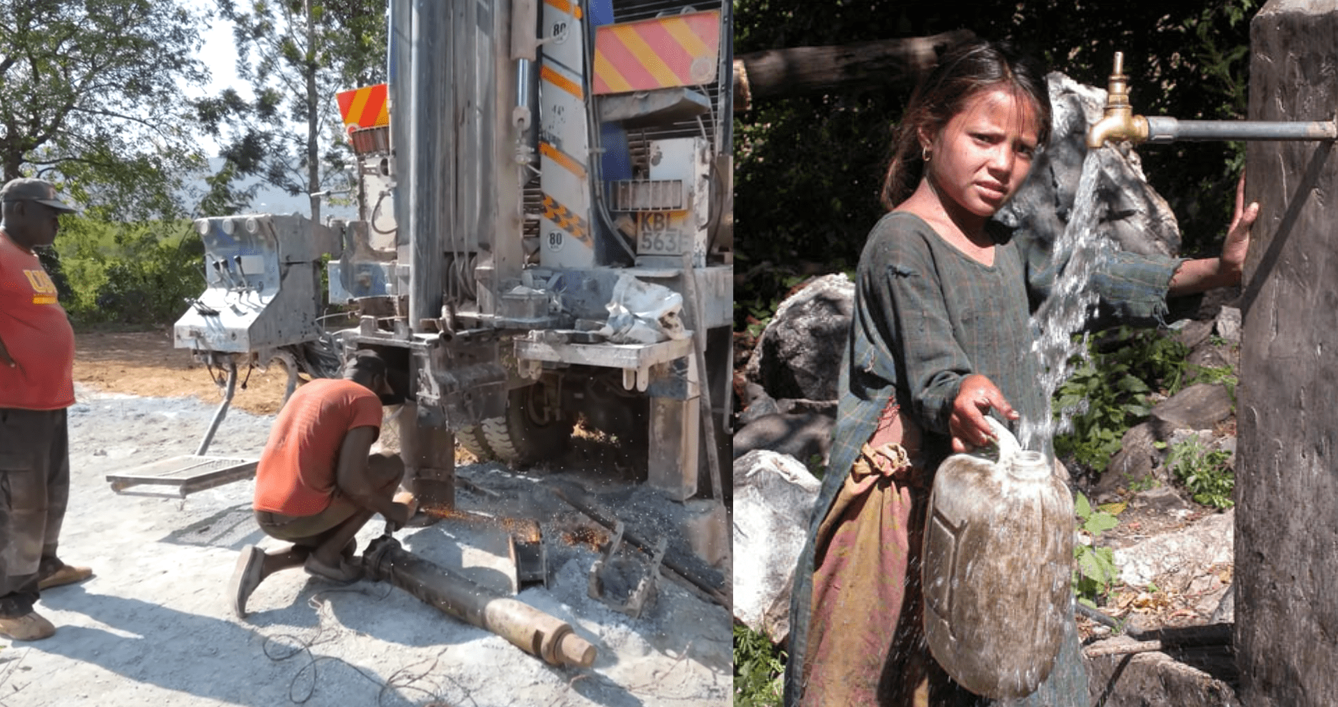Water well drilling crew operates heavy machinery, while a young girl collects clean water from a newly installed tap, impact of crypto donations for clean water projects with USDT.