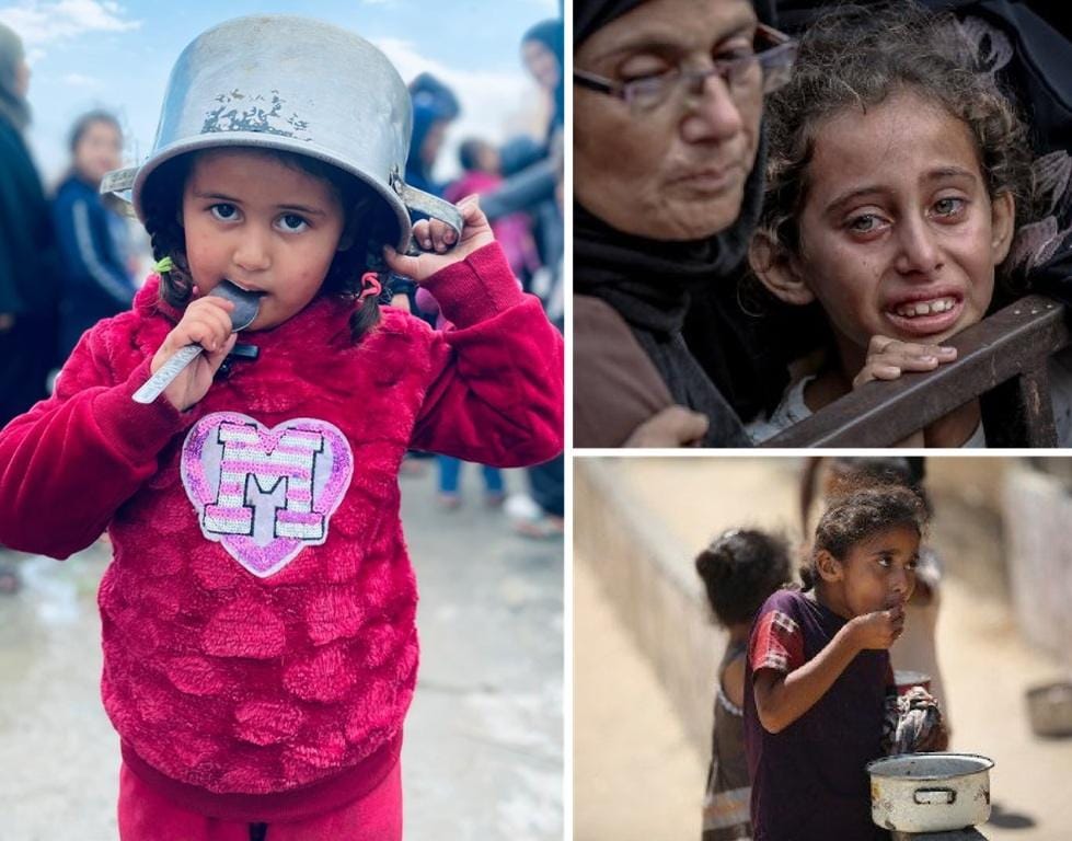 Young girl wearing a pot as a hat, eating with a spoon, symbolizing food scarcity in refugee camps, aided by crypto donations like RLUSD for Iftar meals.