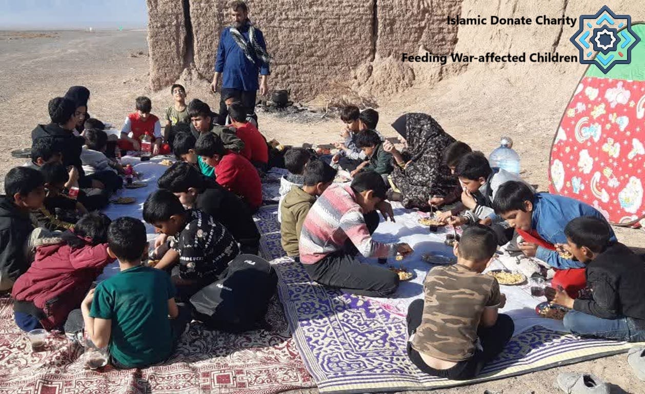 War-affected children eating from plates on mats; Islamic Donate Charity provides food relief via cryptocurrency like SOL.