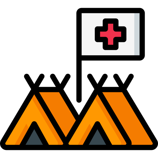 Red Cross flag over tents, urgent relief and aid facilitated by cryptocurrency donations.