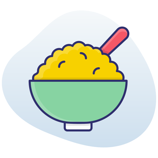 A green bowl filled with yellow food, rice, with a red spoon. Food aid or sustenance, supported by crypto donations like BTC.