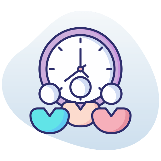 Stylized clock with abstract figures below, representing team coordination. Community Inclusion uplifts those often unseen (Elders, Introverts, the Disabled).