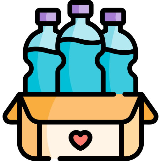 Box of water bottles with a heart symbol, donation of essential supplies supported by USDT.