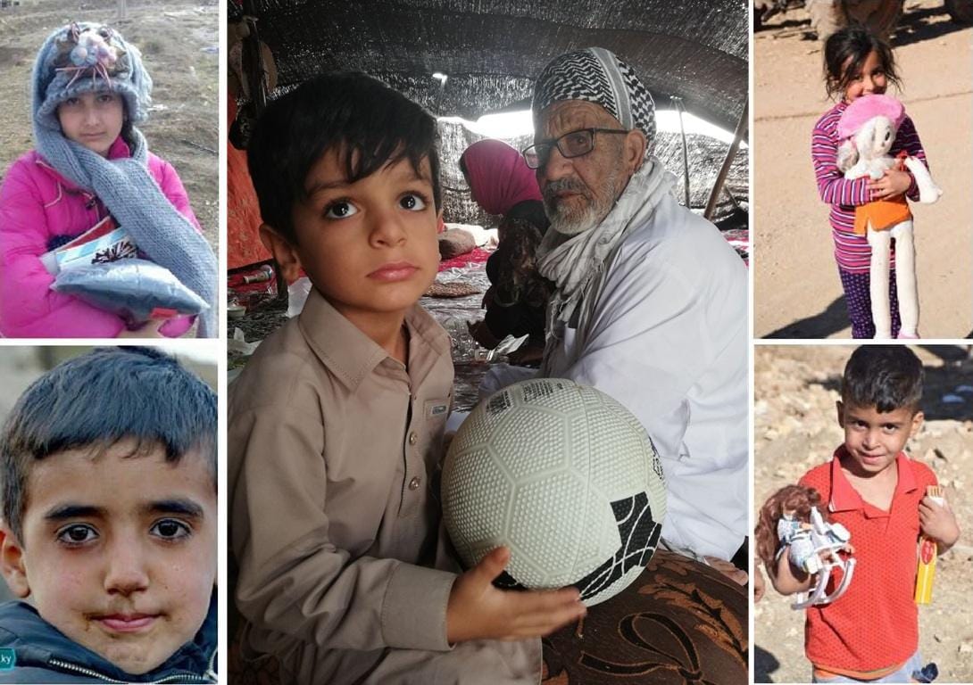Children in need holding toys, with a man and boy sharing a soccer ball. Supports anonymous crypto donations like USDC for global relief.