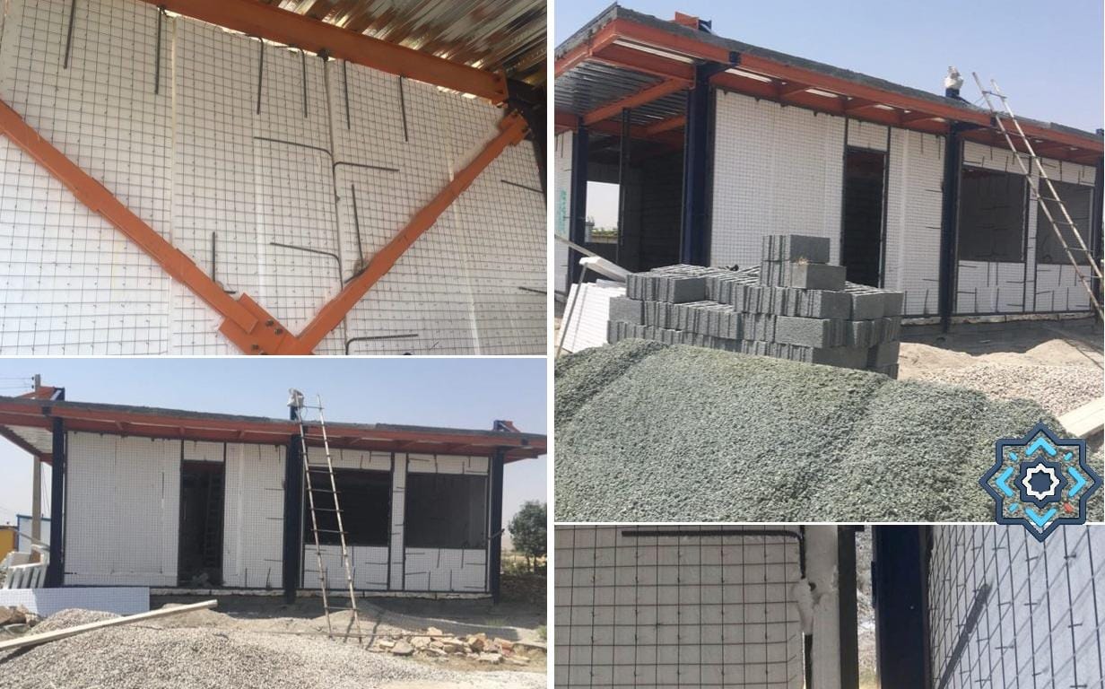 Construction of a building using modular panels, showing wire mesh and structural supports. Materials like concrete blocks and gravel are visible, suggesting a project for schools with support for TRX donations.