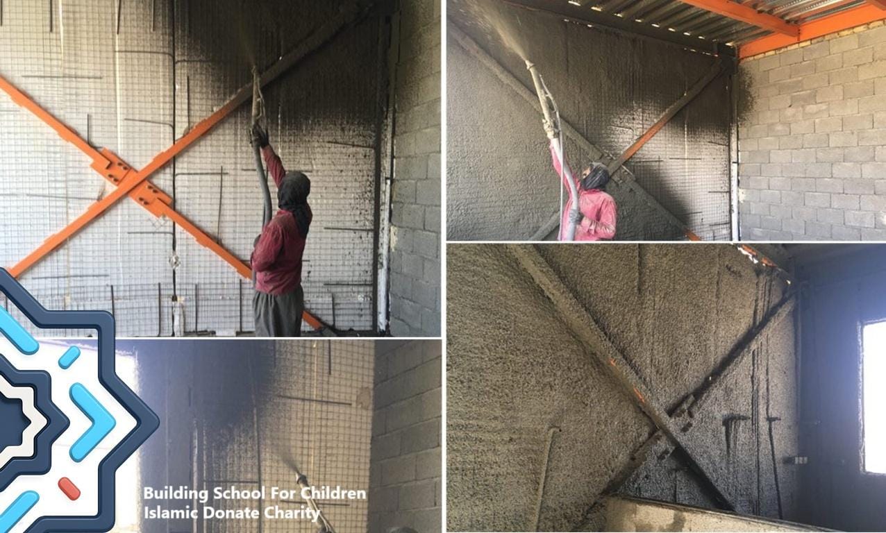 Construction workers applying concrete to walls of a school building, anonymous crypto donations for education projects like building schools for children in Gaza, facilitated by Dogecoin.