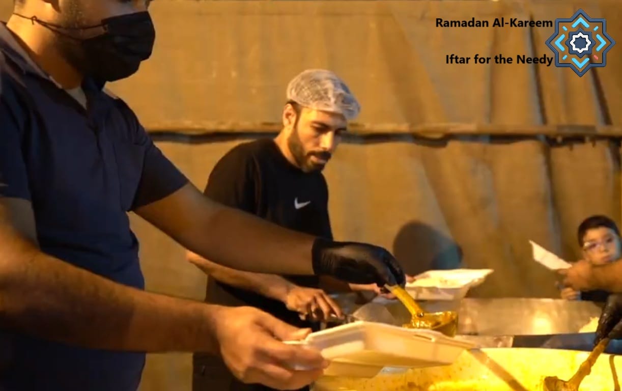 Volunteers serving iftar meals to needy families, with crypto donations funding relief efforts in war zones. Includes donation of USDT.