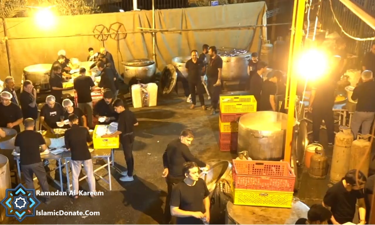 Ramadan Iftar meal distribution by volunteers preparing food in large pots and handing out meals to the needy. Funded by crypto donations like USDT.