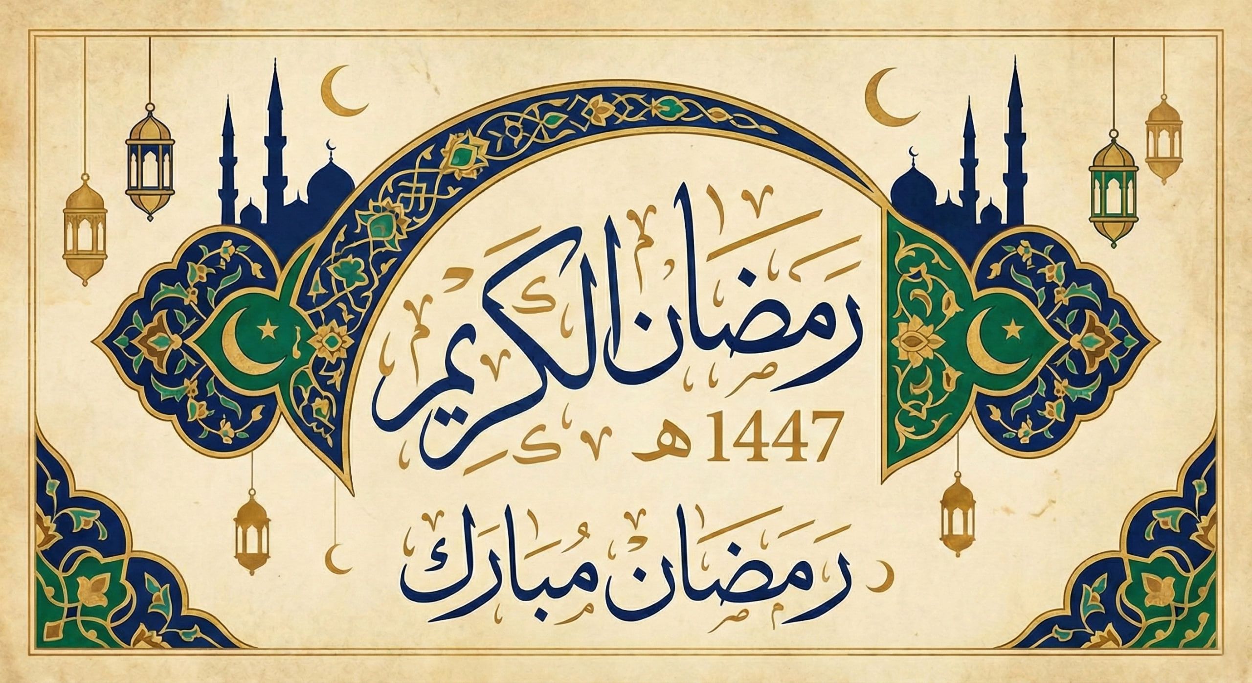 Islamic calligraphy for blessed Ramadan greeting with Hijri year 1447, decorative elements and minarets. Donate with crypto like USDT.