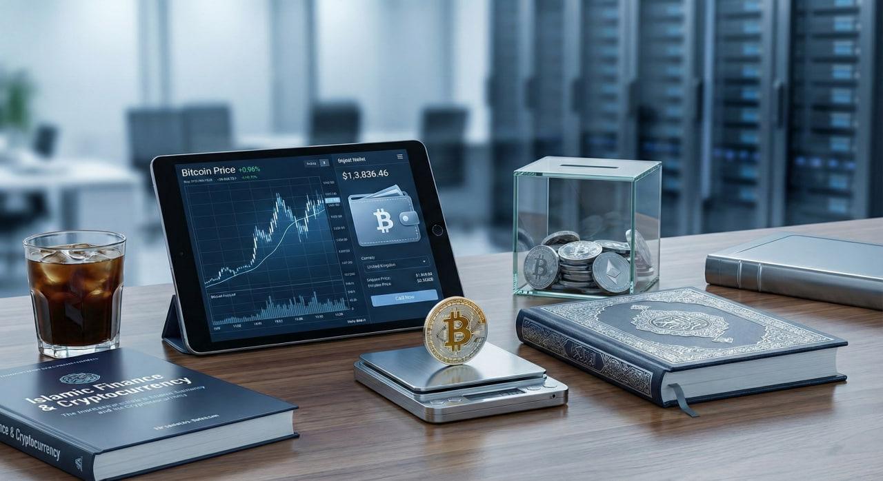 Bitcoin gains on tablet screen with coins in a glass piggy bank and Islamic Finance book, showing crypto Zakat obligation. Includes USDT ticker.