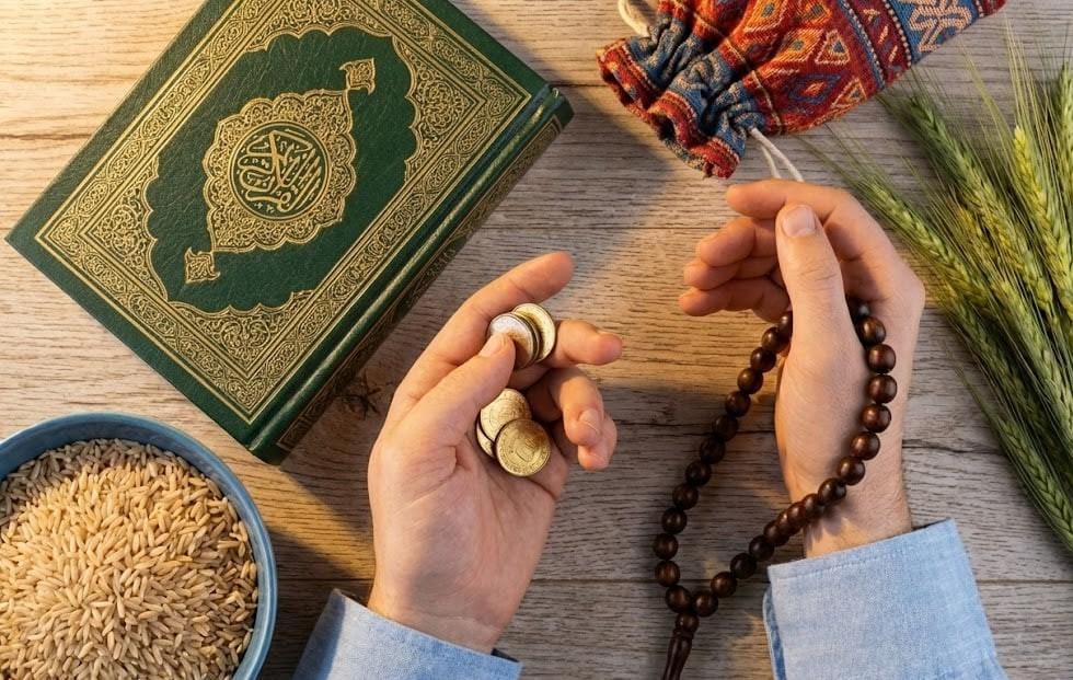 Paying Islamic Khums donation with cryptocurrency. Hands hold coins and prayer beads, with Quran and rice. BTC.