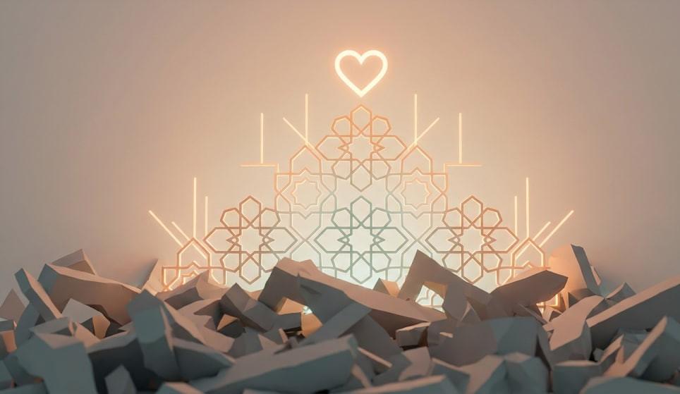 Debris and rubble piled up, with an Islamic geometric pattern and a glowing heart above. Crypto donations fund disaster relief aid like food, shelter, and medical care. Donate with USDT.