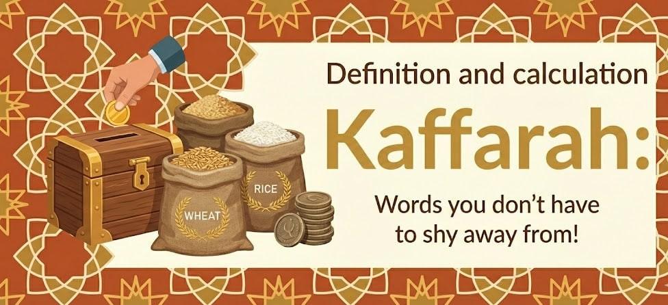 Illustration of a hand placing a coin into a donation box next to sacks of wheat and rice, representing Kaffarah and charitable giving. Main keyword: Kaffarah. Ticker: TRX.