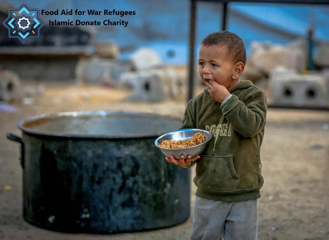 Refugee boy eats food aid funded by USDT (Tether) donations. Give Zakat Online with Cryptocurrency to feed orphans.