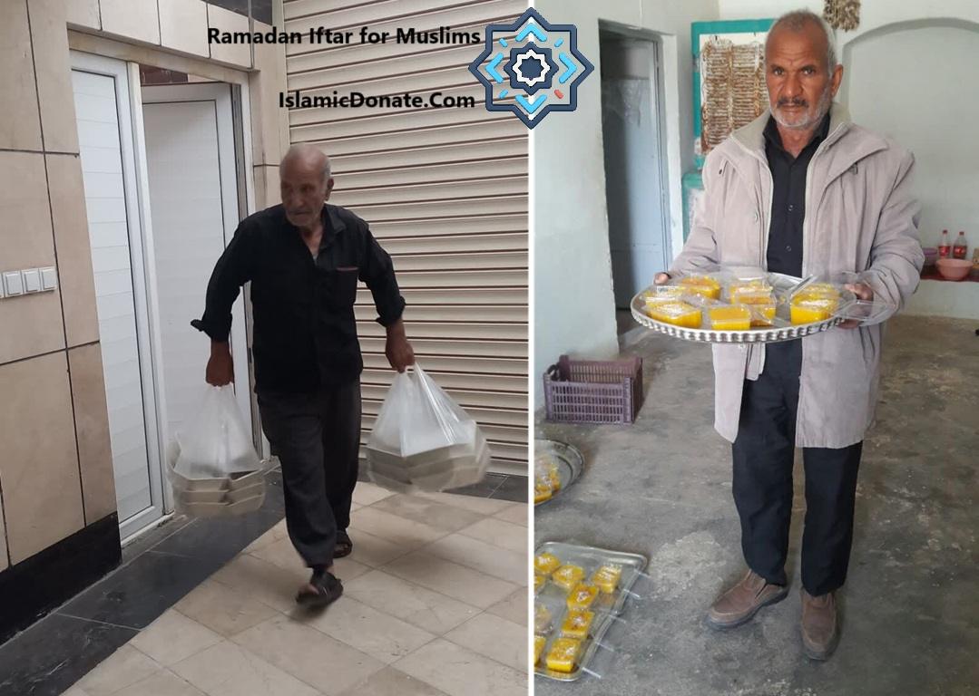 Man carrying bags of food, another man holding a tray of food items, symbolizing Kaffarah payment and Ramadan Iftar for Muslims, facilitated by cryptocurrency donations via Dogecoin.