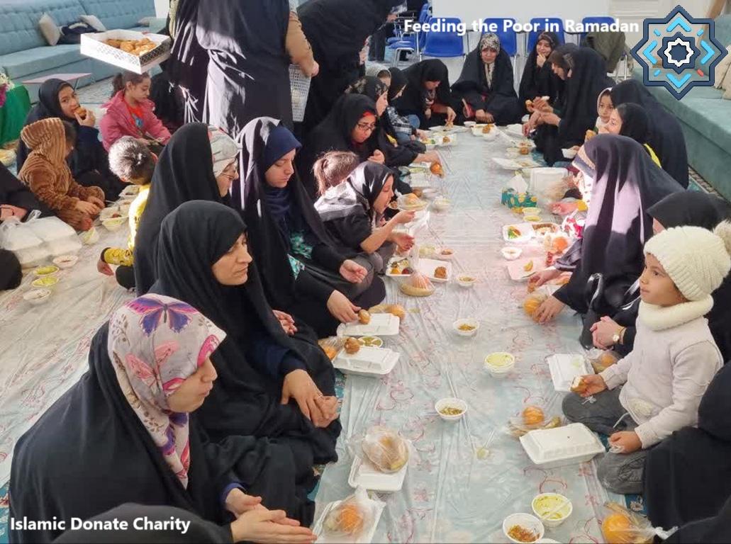 Pay Kaffarah online using USDT to serve hot meals for Feeding the Poor in Ramadan to women and children sitting on the floor.