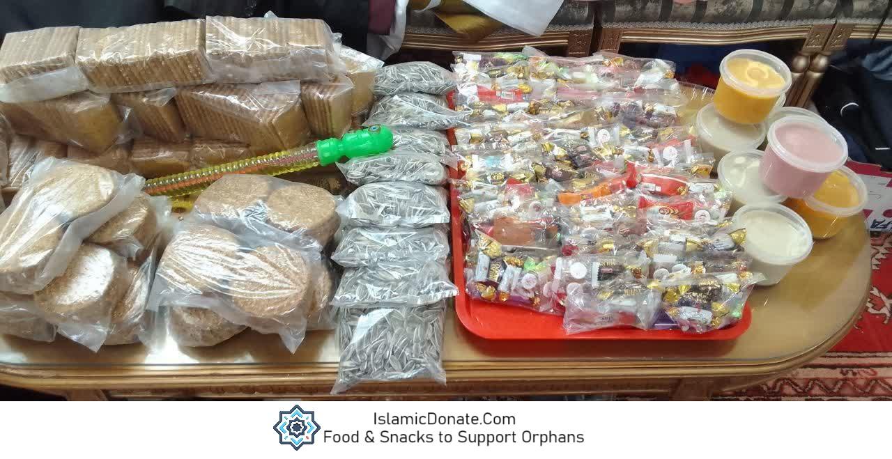 Bundles of biscuits and bags of snacks and packaged treats, including sunflower seeds, food and snacks are prepared to support orphans with crypto donations, potentially paid with XRP.
