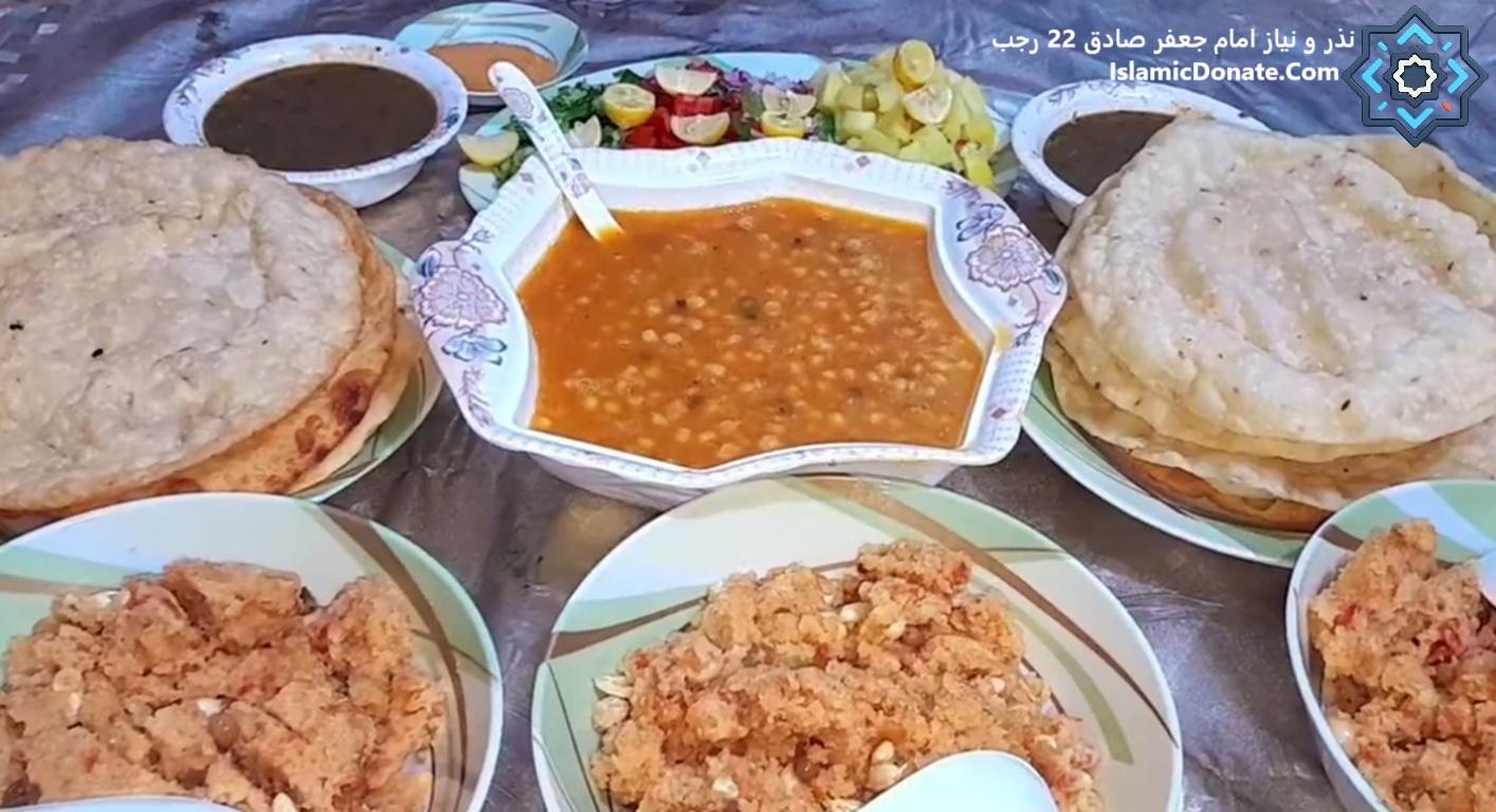 A spread of traditional Pakistani and Indian food including meethi tikiyan and kheer, representing the Nazr on 22 Rajab, that can be funded by crypto donations like SOL.