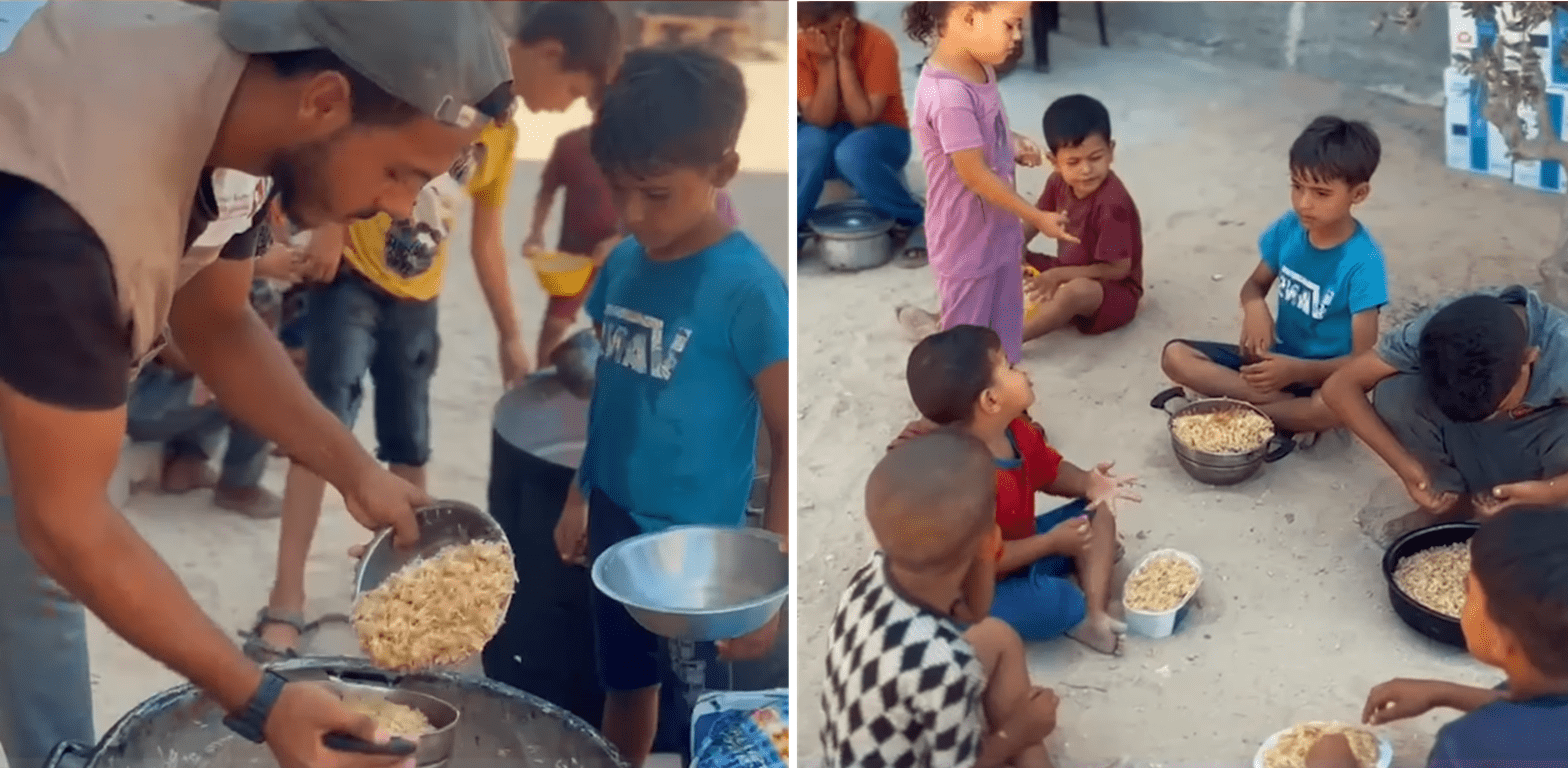 Volunteers serving food to refugee children in Gaza, offering nutritious meals and hope with crypto donations, possibly via BNB.