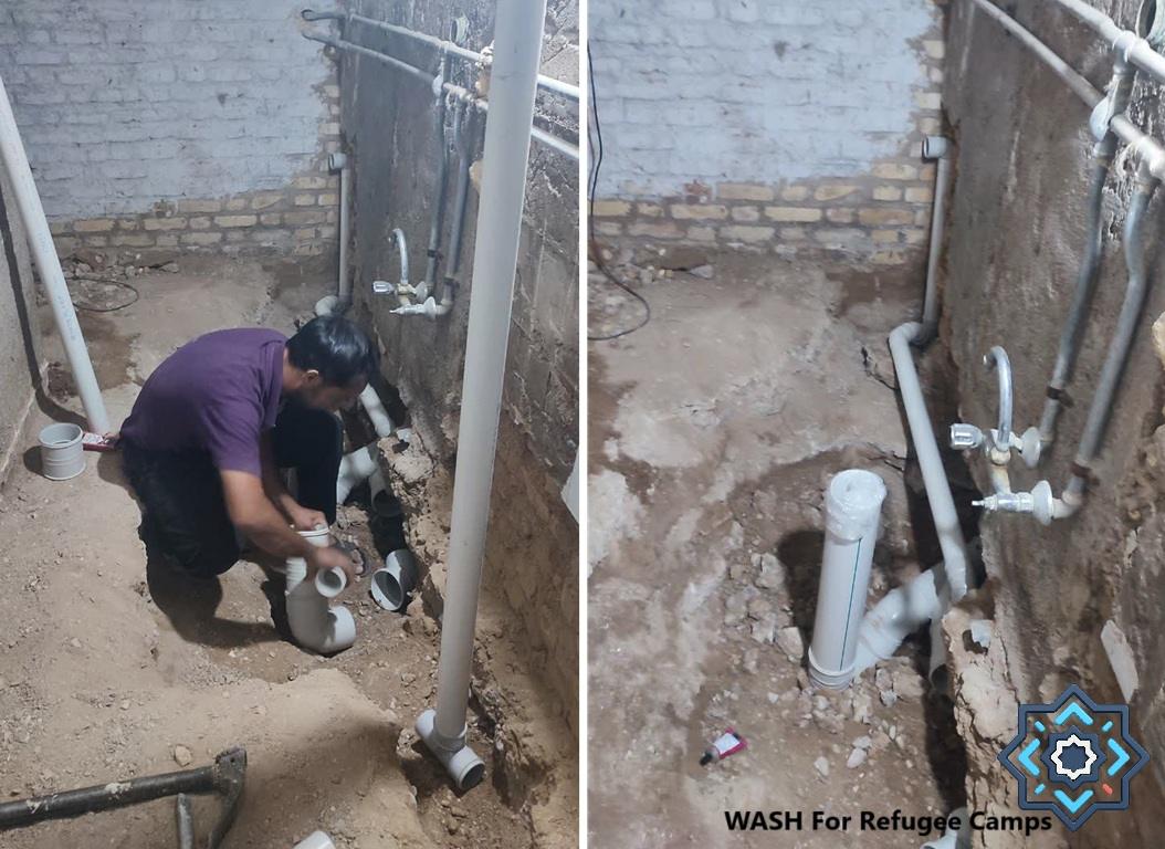 Worker installing plumbing for refugee camp WASH facilities using cryptocurrency donations like Solana. Building sustainable camp infrastructure for hygiene and health.