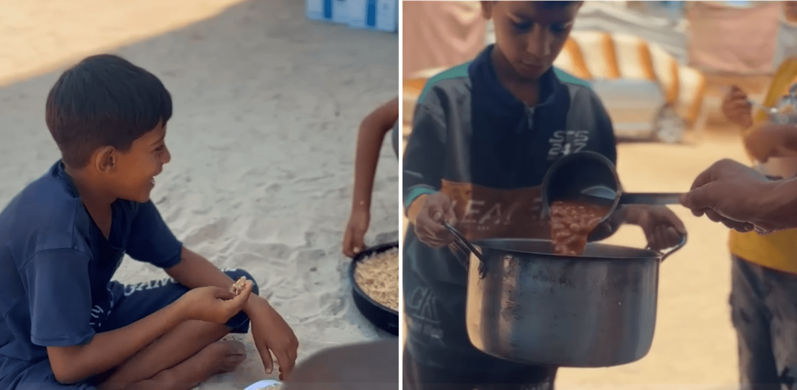 Children receiving relief in Gaza through crypto Zakat donations, featuring a boy eating and another receiving a ladle of food from a pot, supported by Monero.