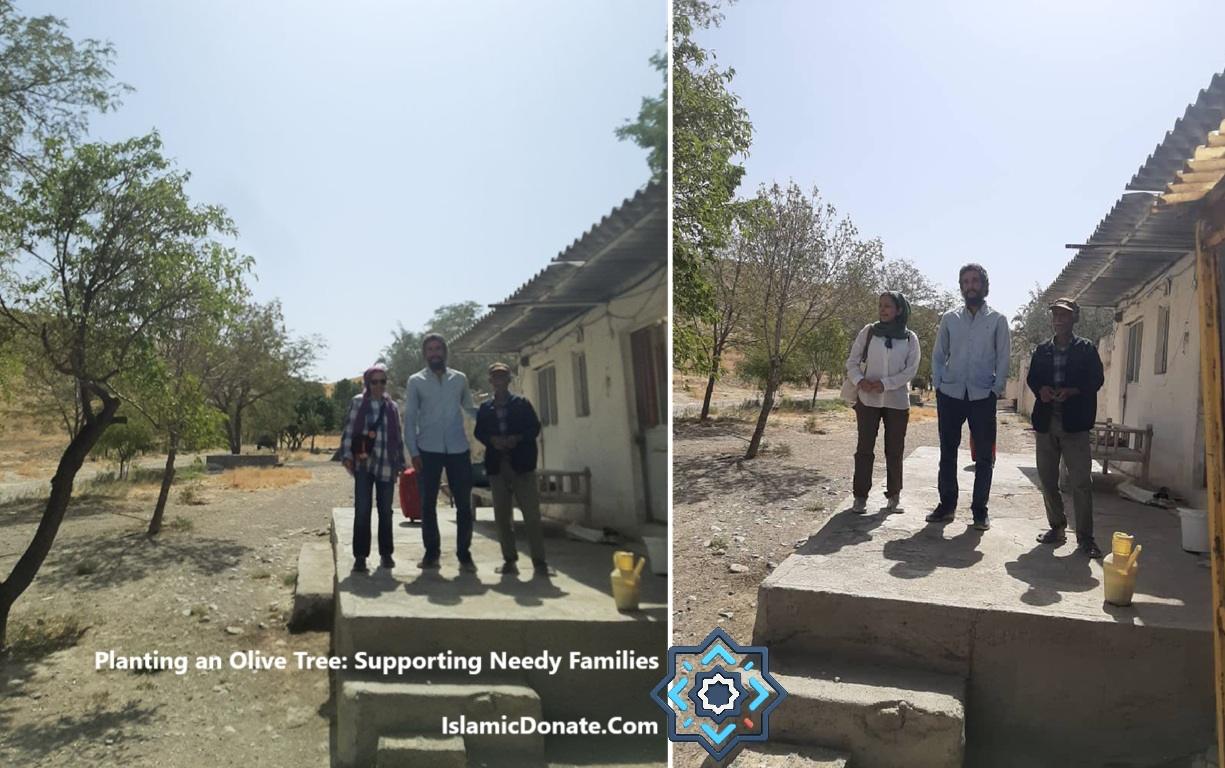 Group of people standing outside a simple building surrounded by trees, with text "Planting an Olive Tree: Supporting Needy Families" and "IslamicDonate.Com" visible. Crypto donations like USDT support these projects.