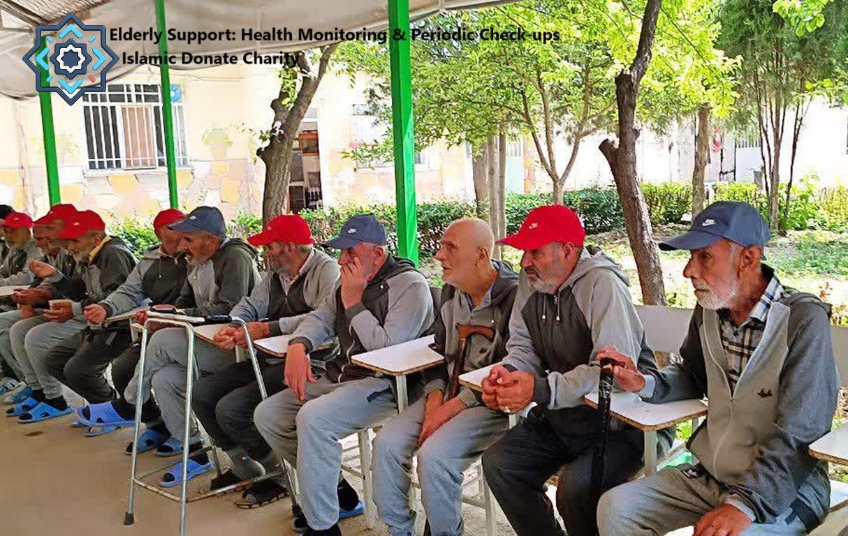Elderly Support Health Monitoring and Periodic Check ups funded by USDC for Islamic Donate Charity. Seniors sit in chairs.